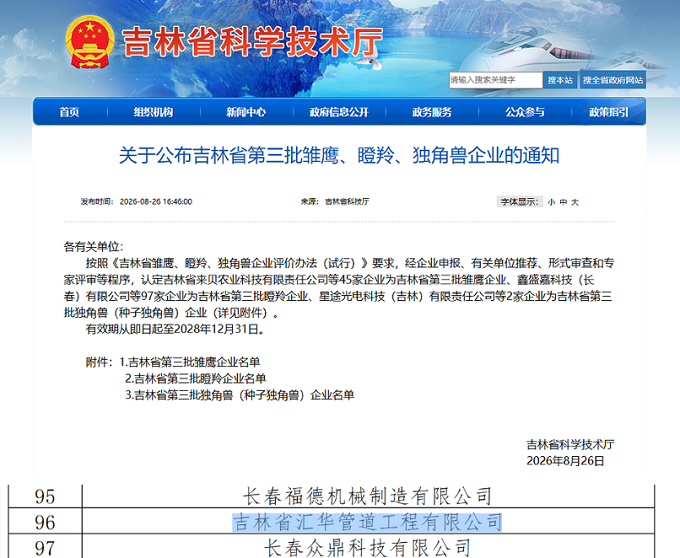 华仕达祝贺汇华入选吉林省瞪羚企业名单 愿一起沿着保温管设备合作道路携手前进 华仕达祝贺汇华入选吉林省瞪羚企业名单 愿一起沿着保温管设备合作道路携手前进